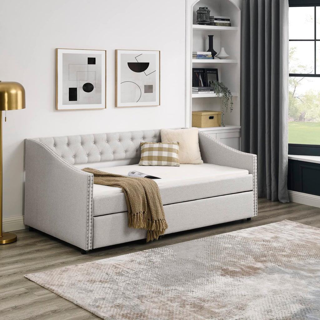 Upholstered Button Tufted Twin Size Daybed with Trundle Q843