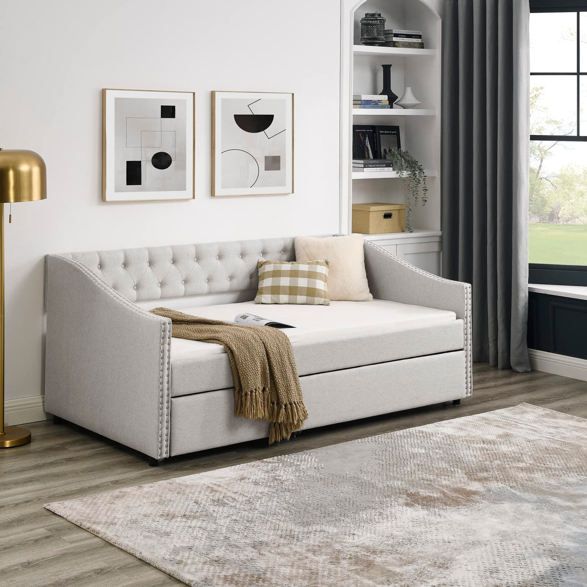 Upholstered Button Tufted Twin Size Daybed with Trundle Q843