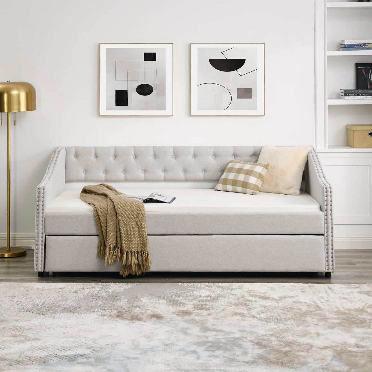 Upholstered Button Tufted Twin Size Daybed with Trundle Q843