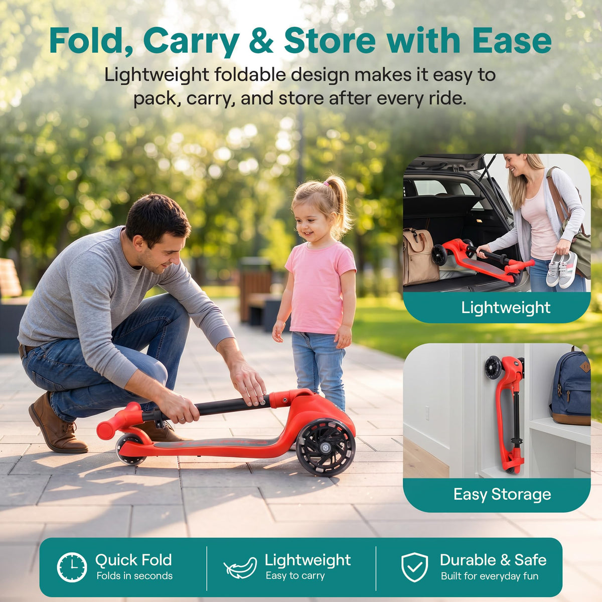 Foldable 3 Wheel Scooter with LED Wheels, Adjustable Handlebar, Red Z782840