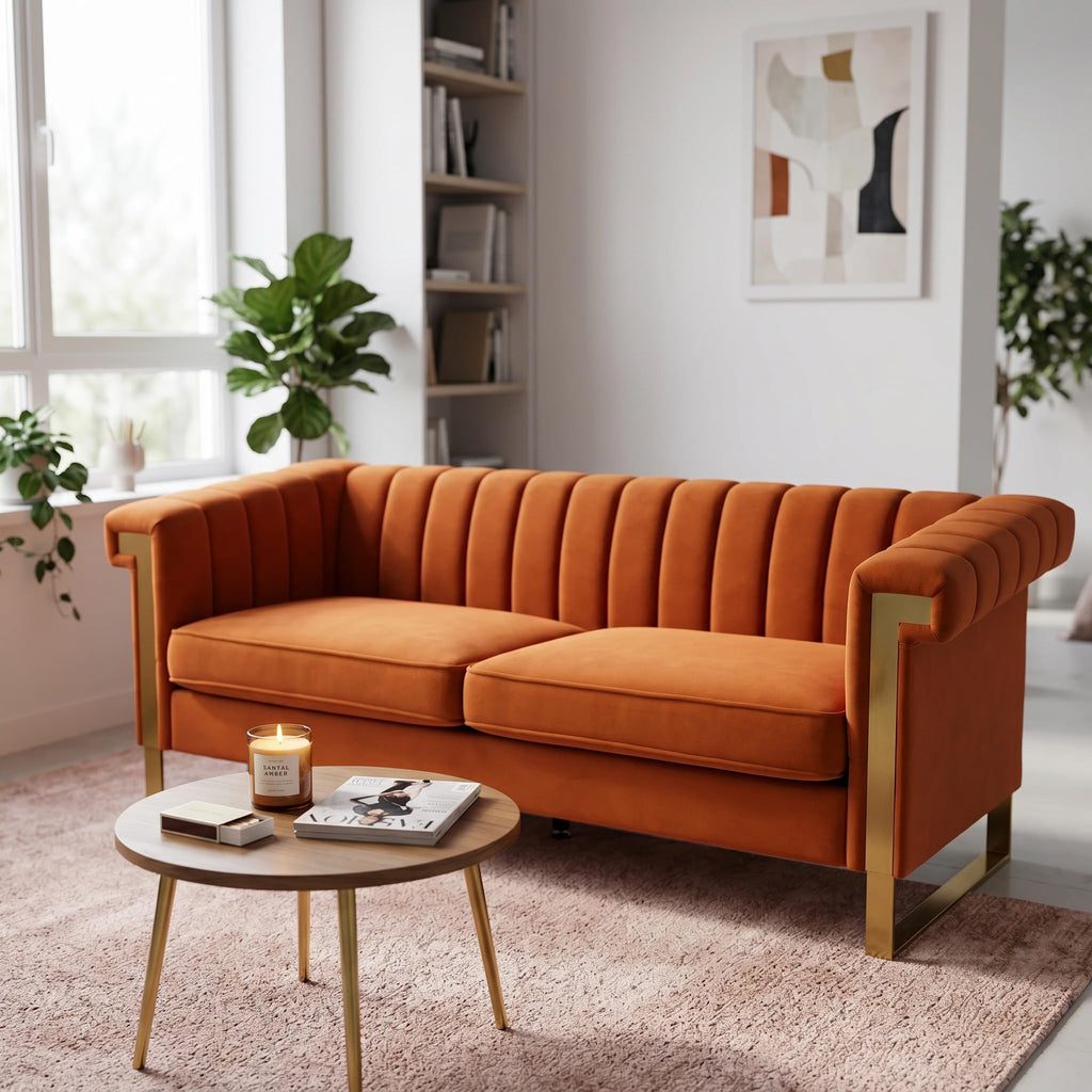 Orange Velvet Channel Tufted Sofa with Gold Metal Legs F638