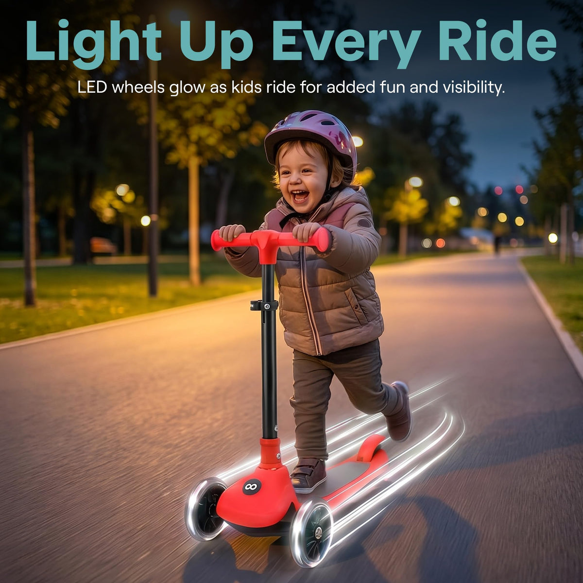 Foldable 3 Wheel Scooter with LED Wheels, Adjustable Handlebar, Red Z782840