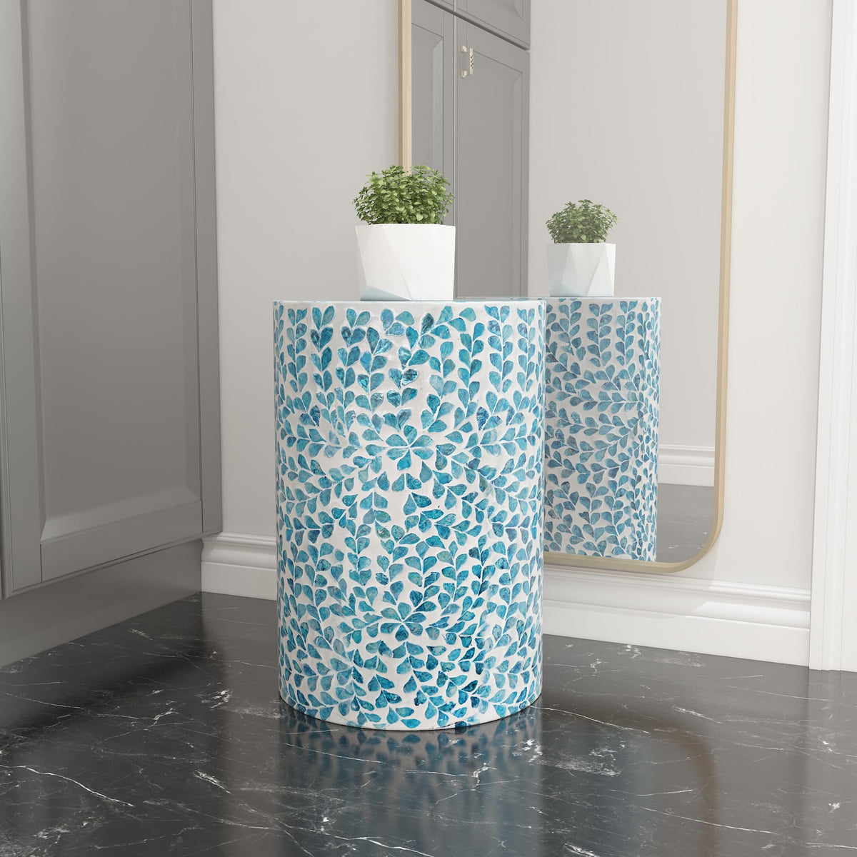 Mother of Pearl Inlaid Cylinder Drum End Table N869