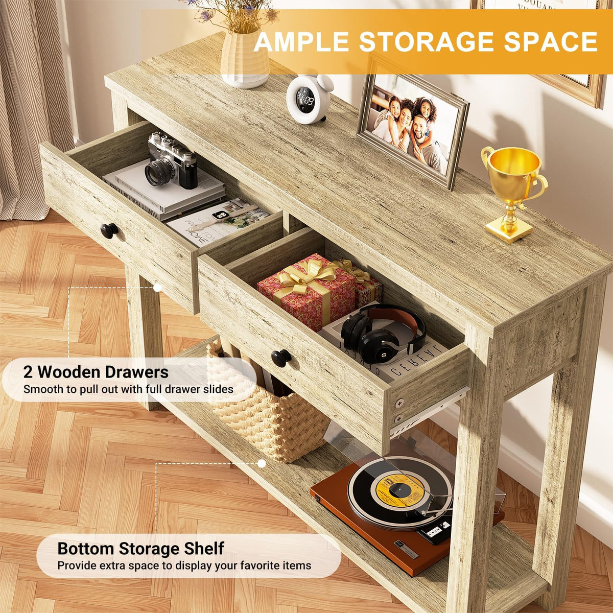 32 Inch Light Rustic Oak Console Table with 2 Drawers W4025