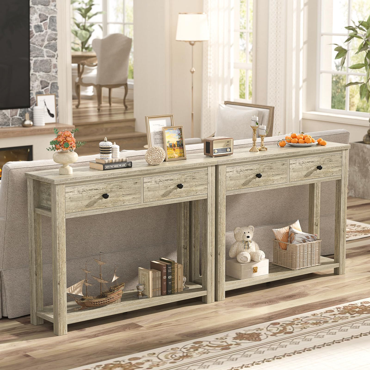 32 Inch Light Rustic Oak Console Table with 2 Drawers W4025
