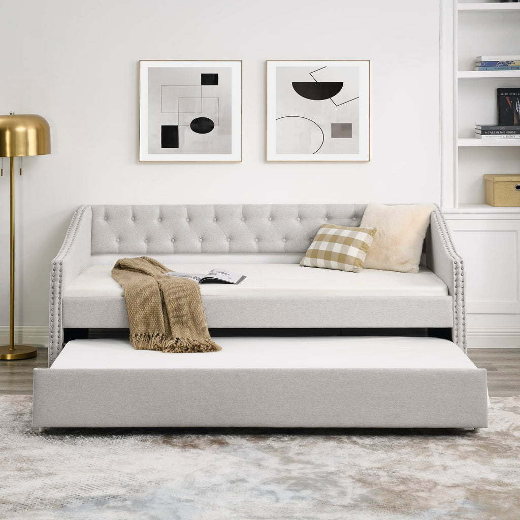 Upholstered Button Tufted Twin Size Daybed with Trundle Q843