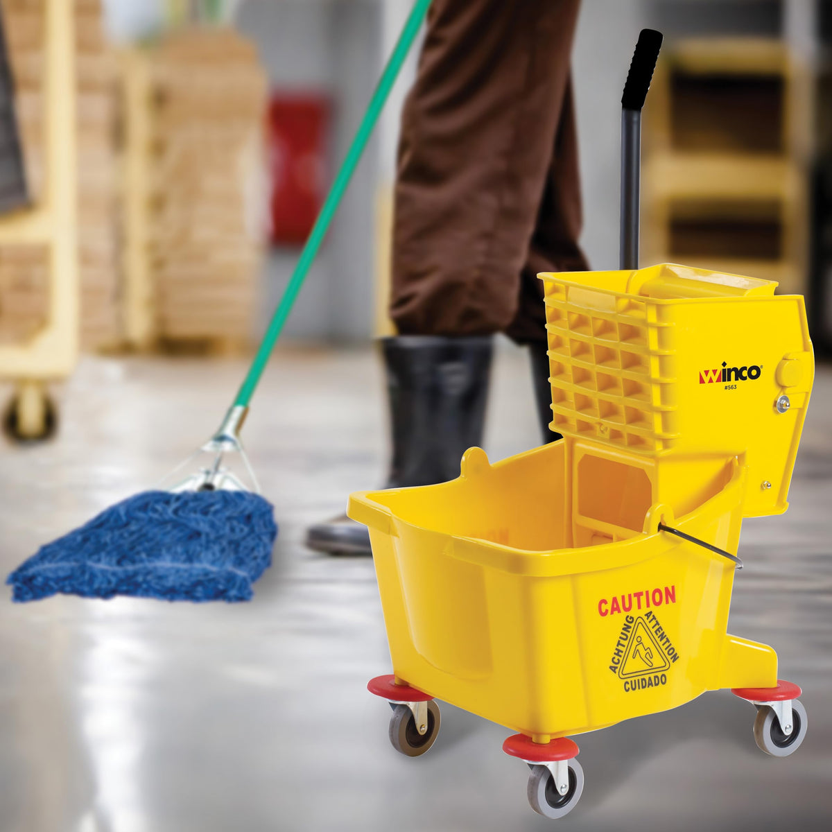 26 qt Yellow Plastic Mop Bucket on Wheels Q51427