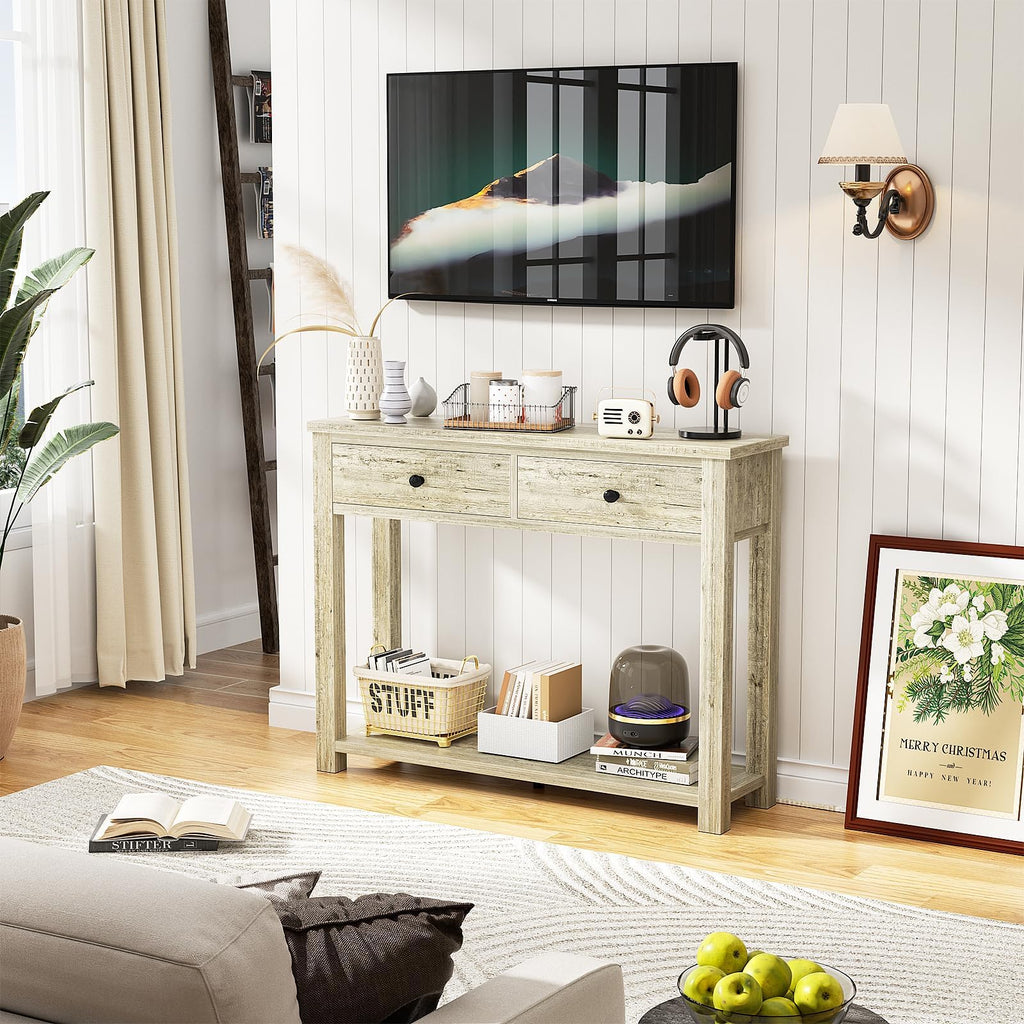 32 Inch Light Rustic Oak Console Table with 2 Drawers W4025