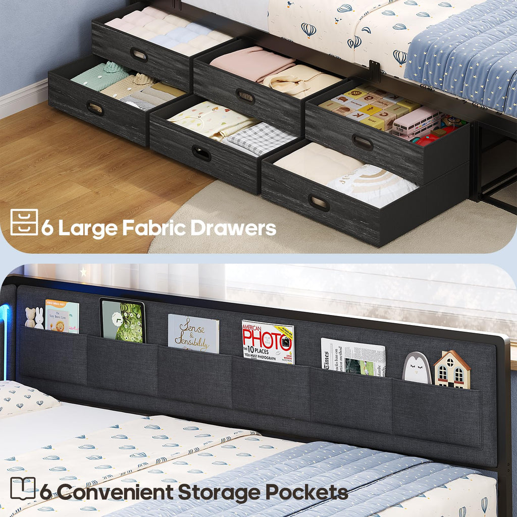 Twin Corner Bed Frame with 8 Storage Drawers and LED Lights, Grey U210