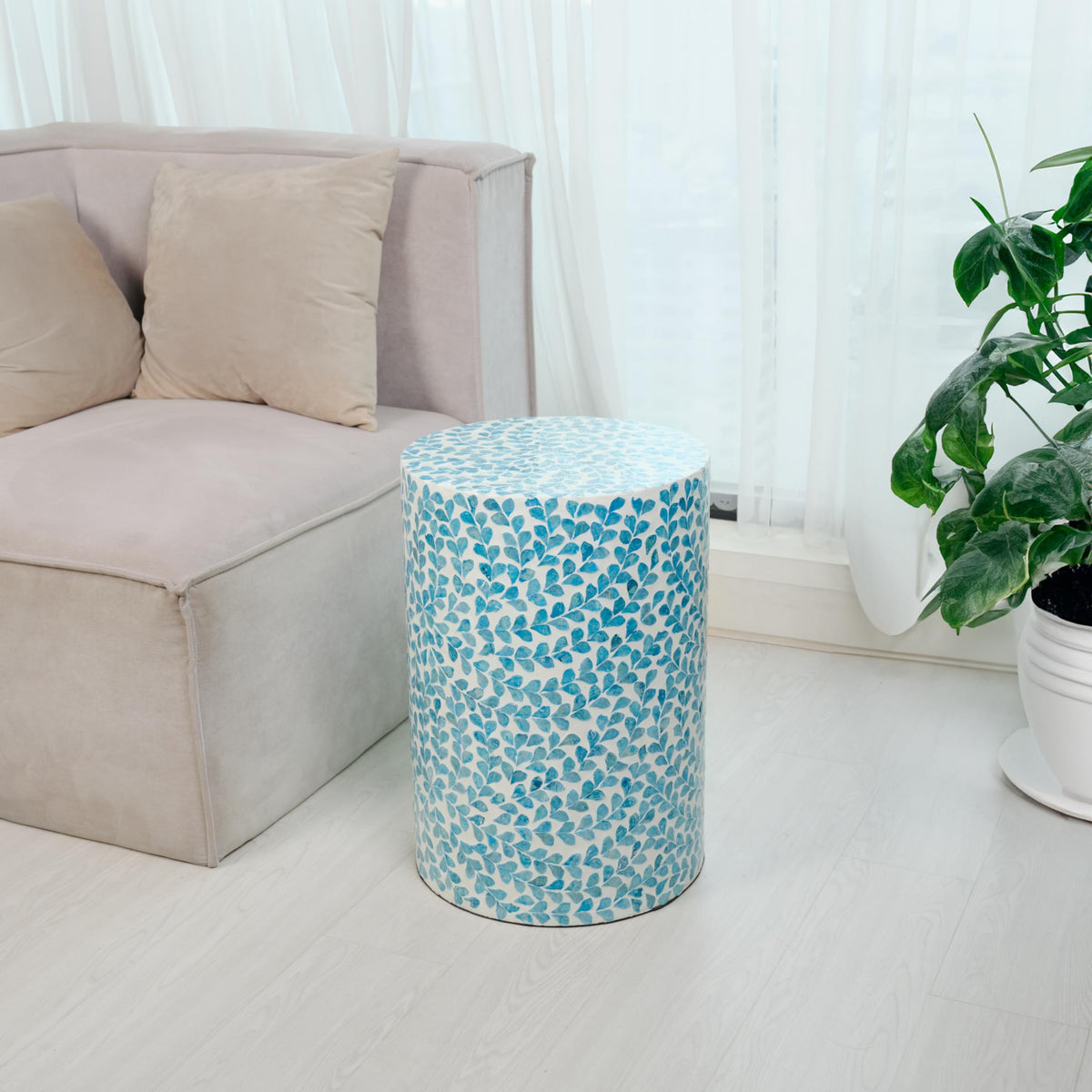 Mother of Pearl Inlaid Cylinder Drum End Table N869