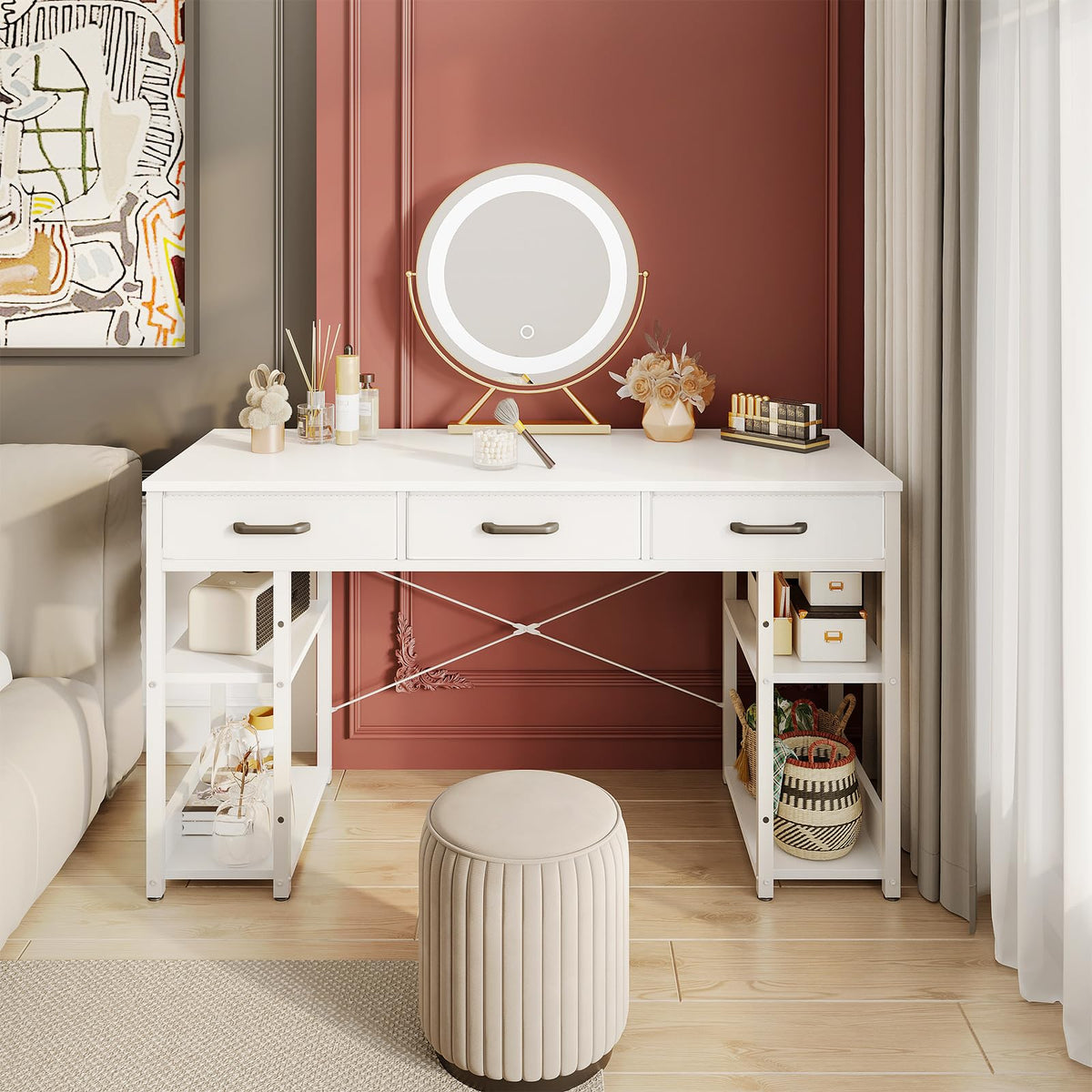 White 48" Computer Desk with Fabric Drawers and Storage Shelves Y4127