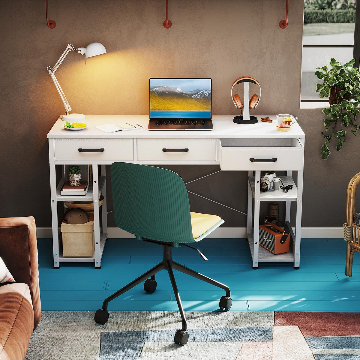 White 48" Computer Desk with Fabric Drawers and Storage Shelves Y4127