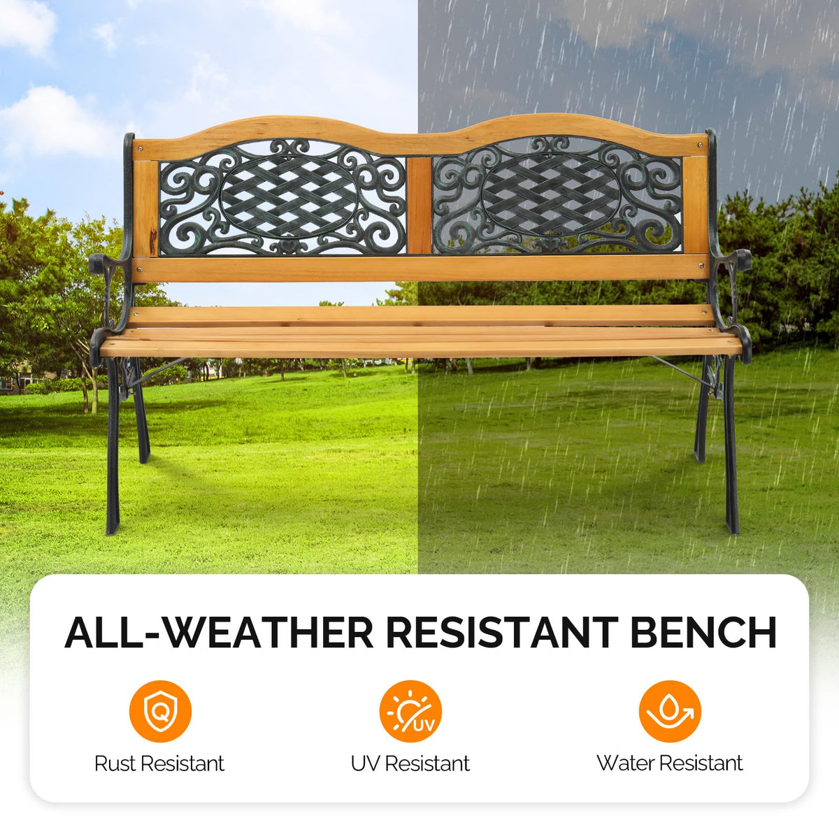 Cast Iron Teak Outdoor Bench 3-Seater Y2633