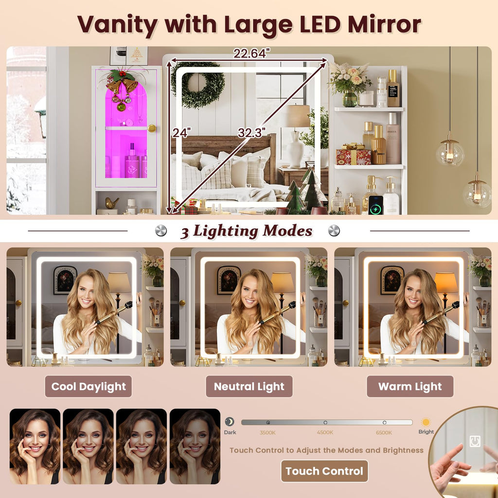 White Vanity Desk with Mirror and LED Lights P59791