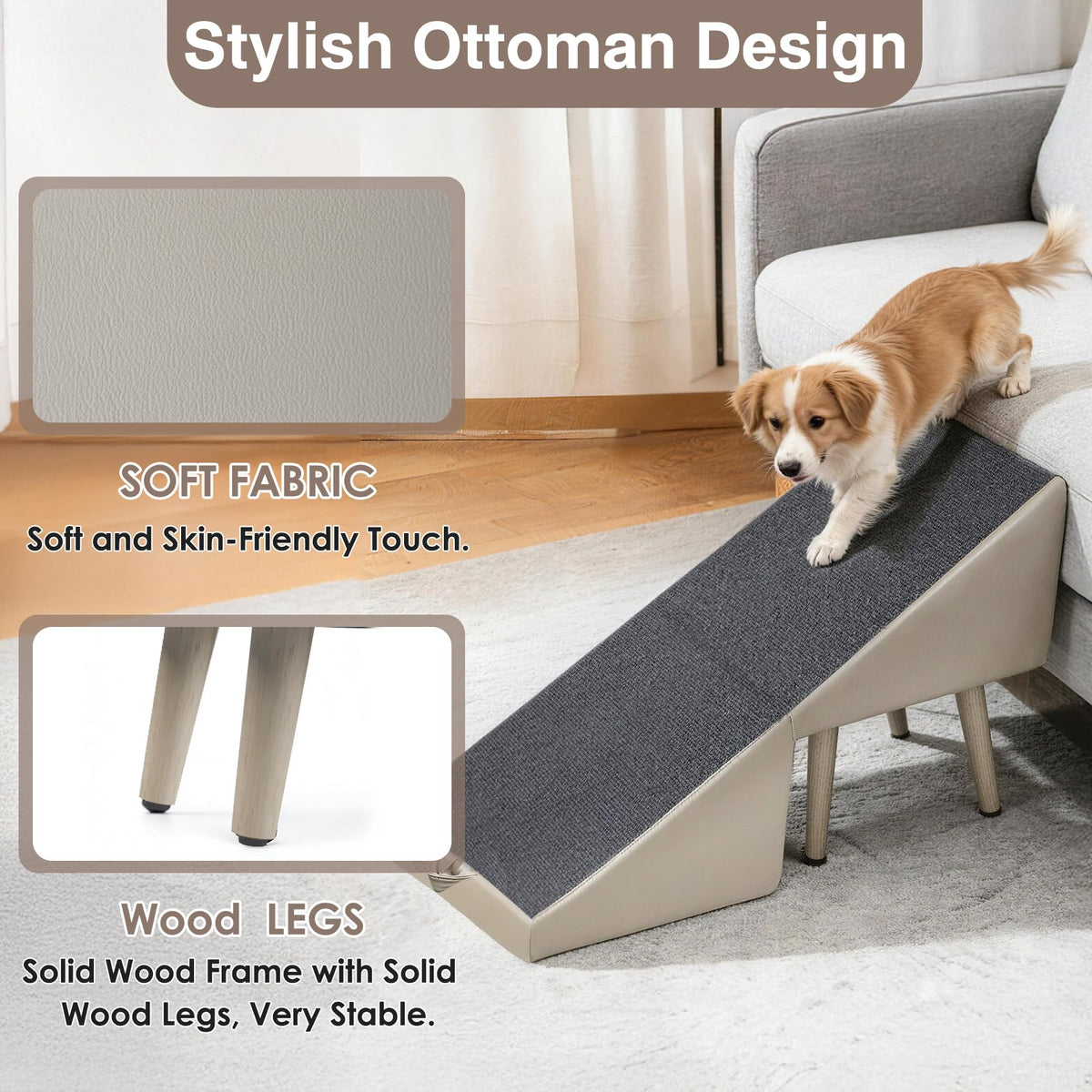 Foldable Non-Slip Wooden Dog Ramp Ottoman D10823