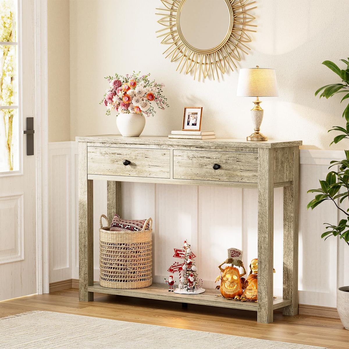 32 Inch Light Rustic Oak Console Table with 2 Drawers W4025