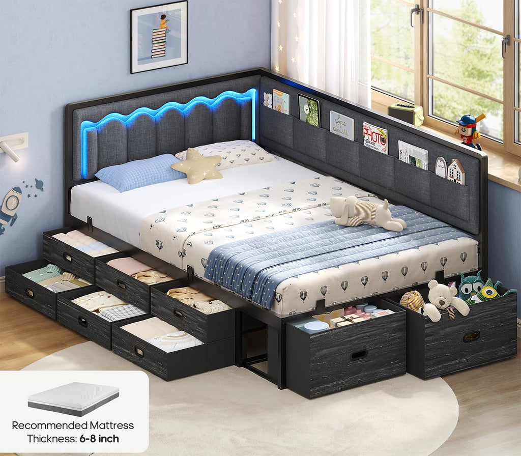 Twin Corner Bed Frame with 8 Storage Drawers and LED Lights, Grey U210