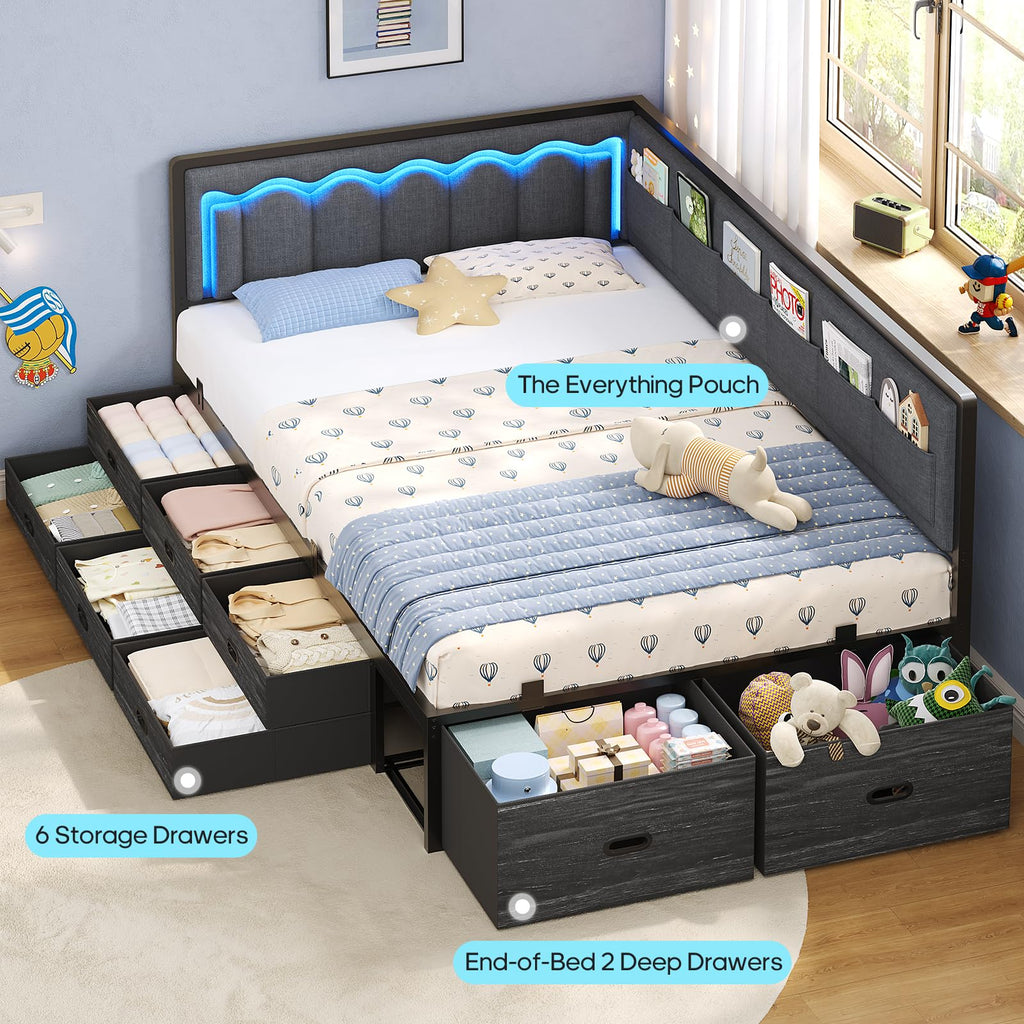 Twin Corner Bed Frame with 8 Storage Drawers and LED Lights, Grey U210
