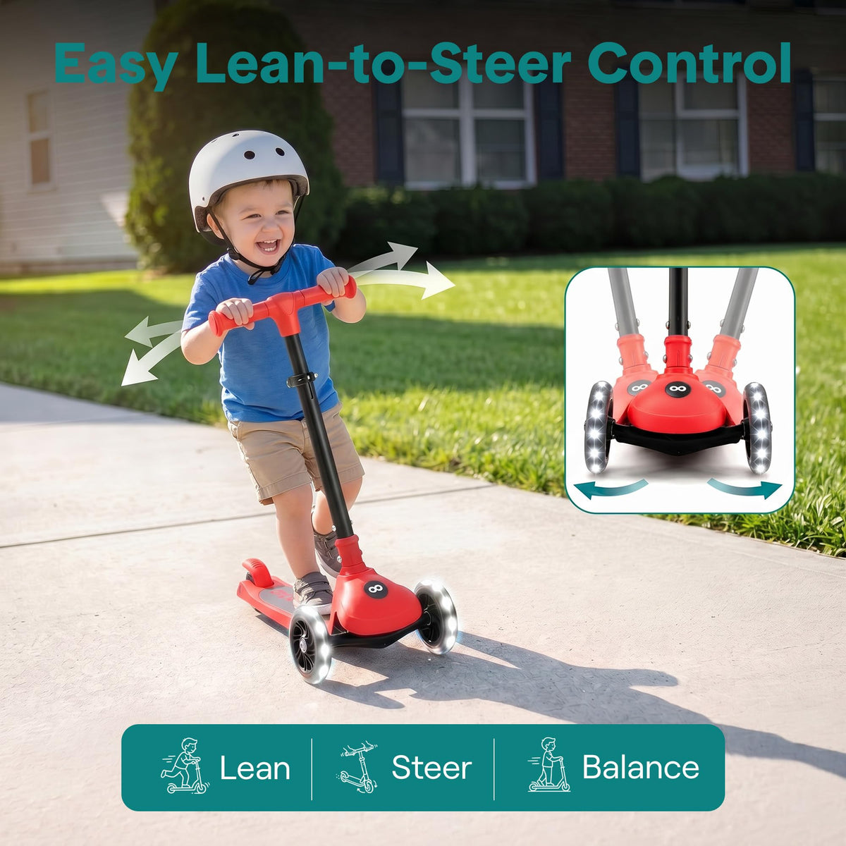 Foldable 3 Wheel Scooter with LED Wheels, Adjustable Handlebar, Red Z782840