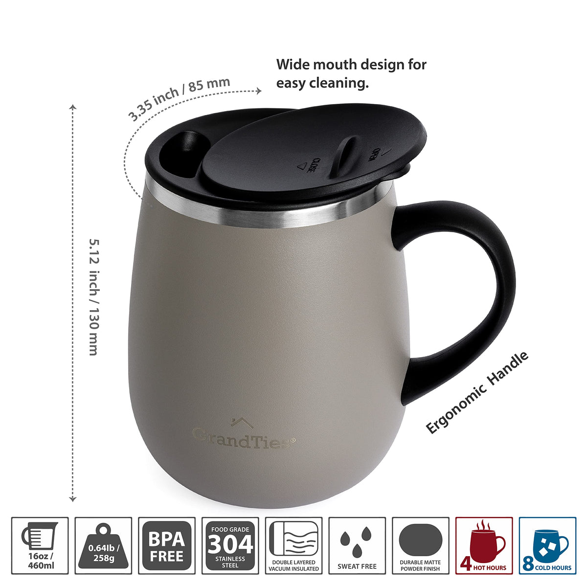 16 oz Stainless Steel Insulated Coffee Mug 2-Pack with Handle & Sliding Lid F9421