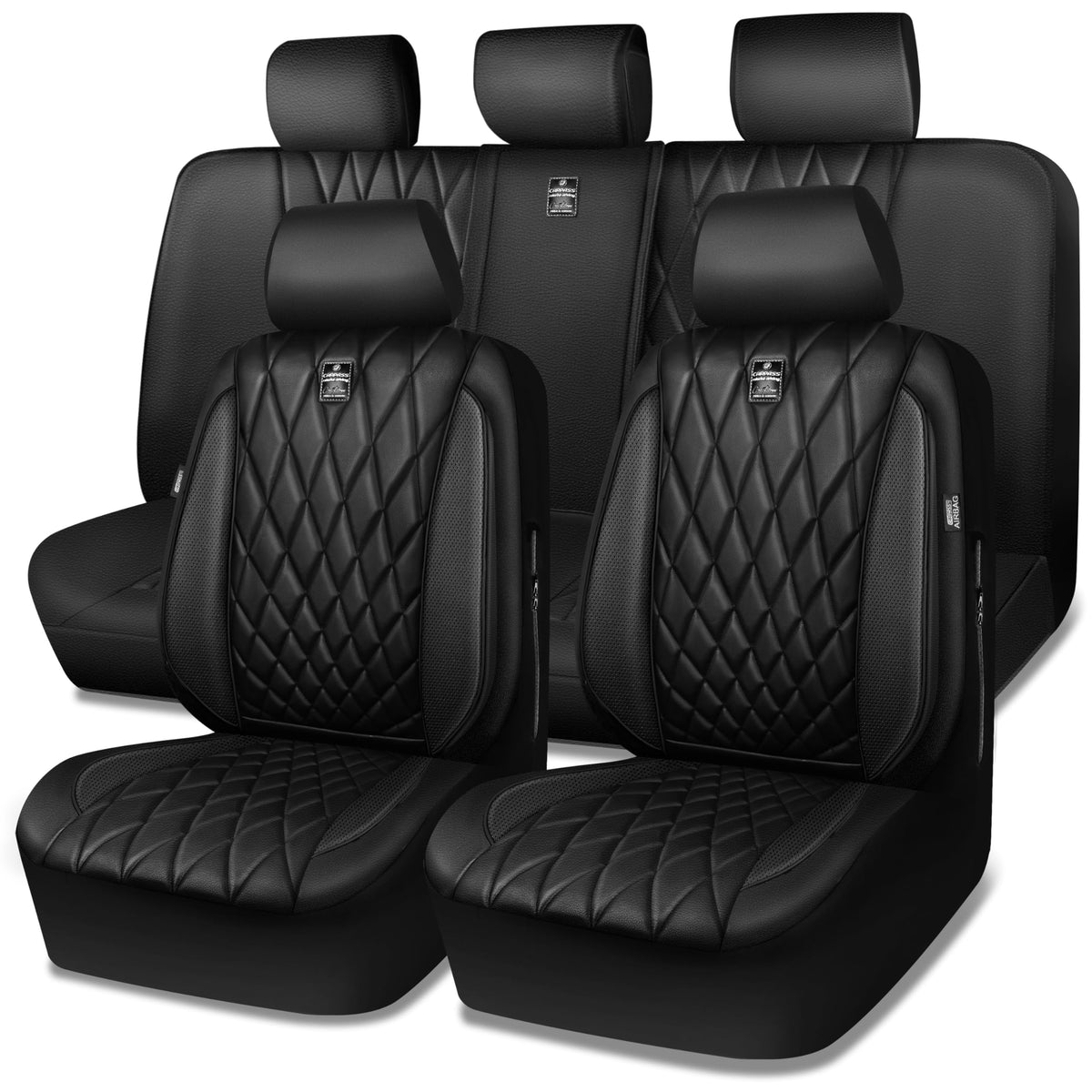 5 Seats Faux Leather Seat Covers Full Set Pure Black A3655