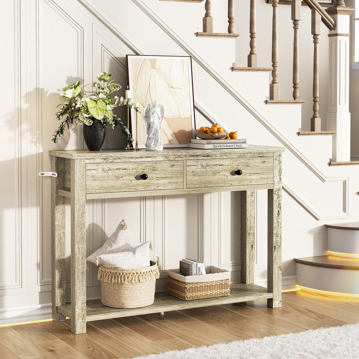 32 Inch Light Rustic Oak Console Table with 2 Drawers W4025