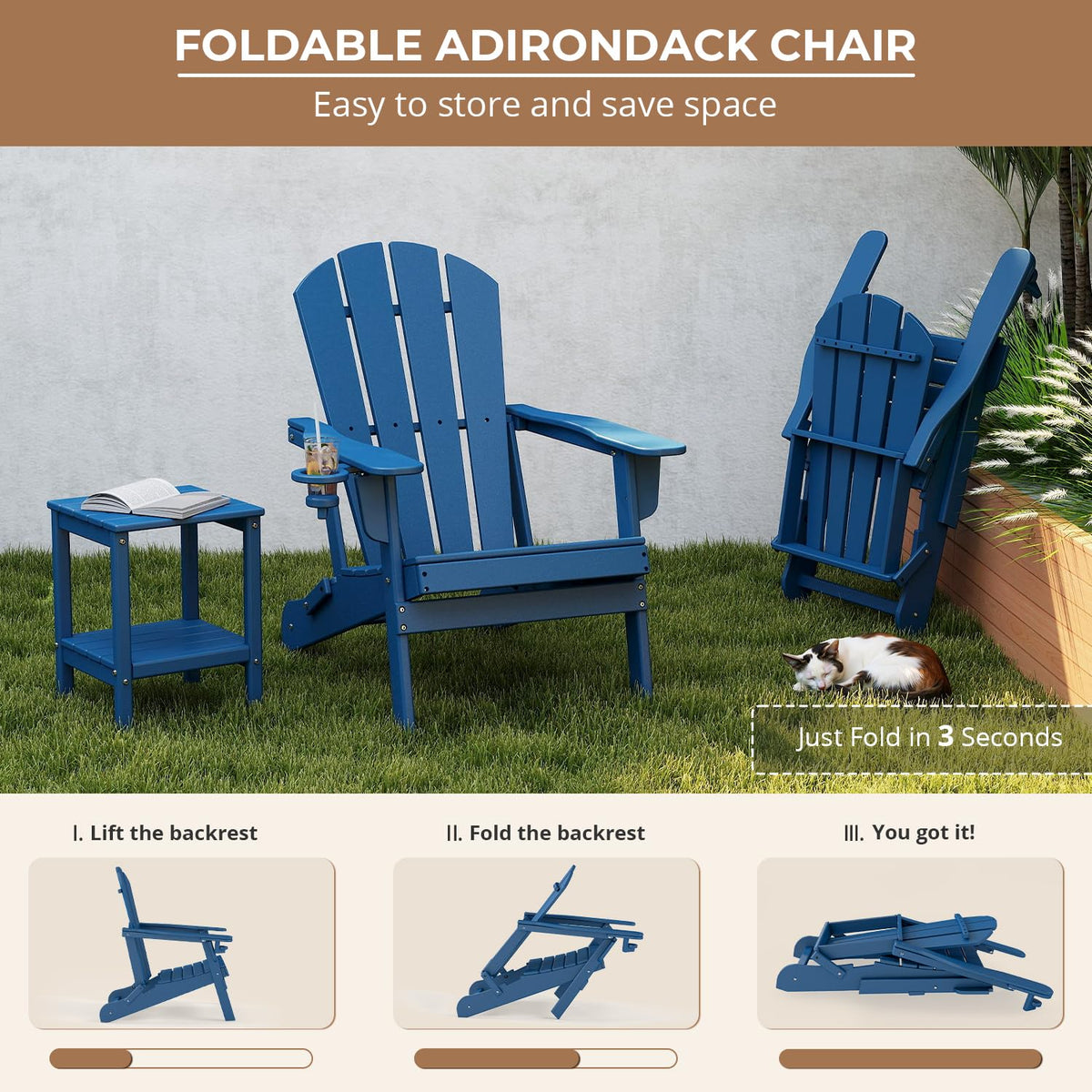 Folding Adirondack Chairs Set of 4 Blue HDPE Plastic V322