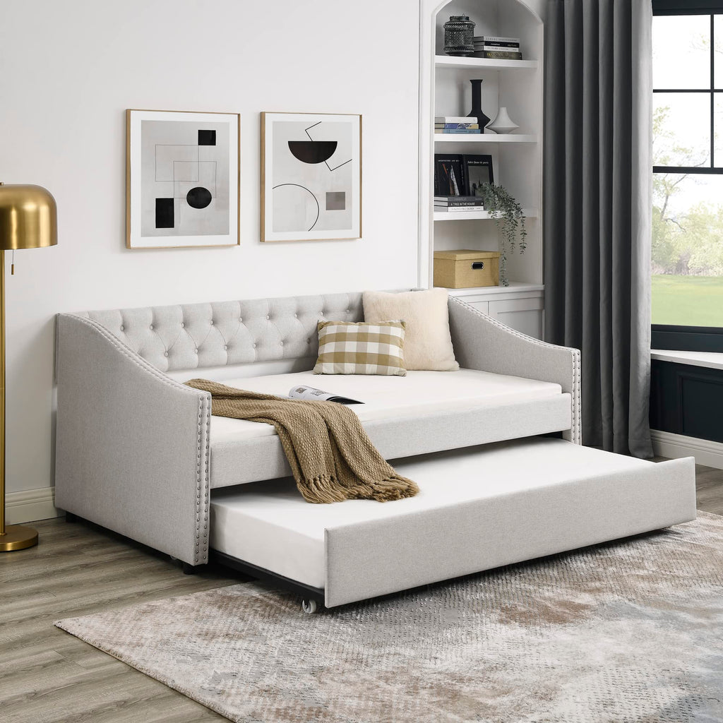 Upholstered Button Tufted Twin Size Daybed with Trundle Q843
