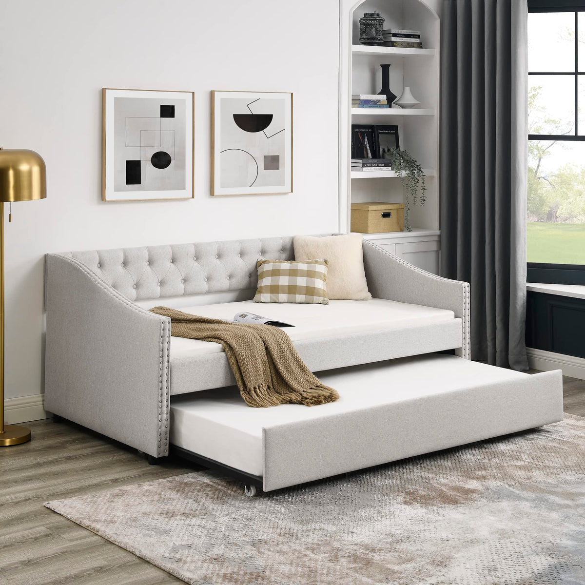 Upholstered Button Tufted Twin Size Daybed with Trundle Q843