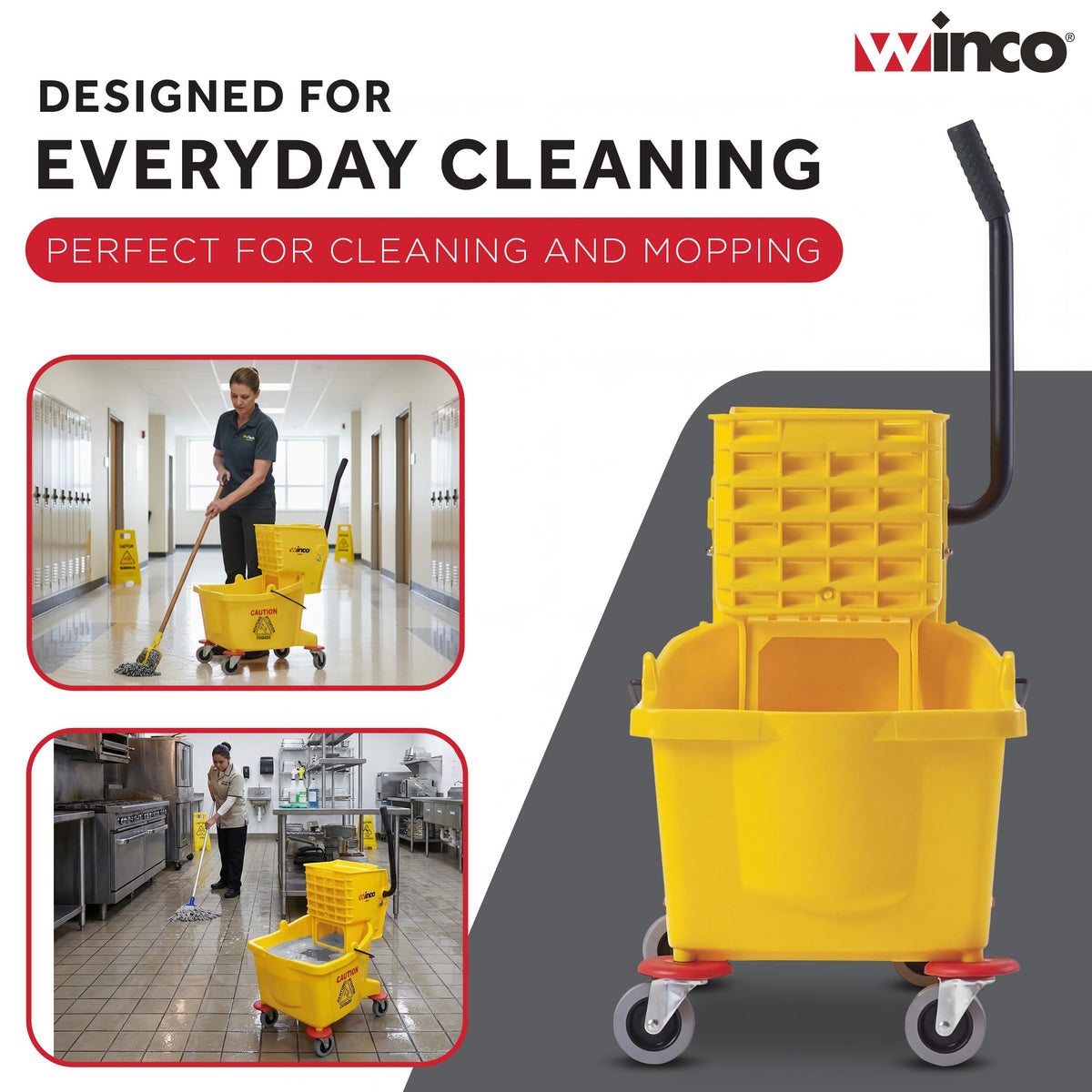 26 qt Yellow Plastic Mop Bucket on Wheels Q51427