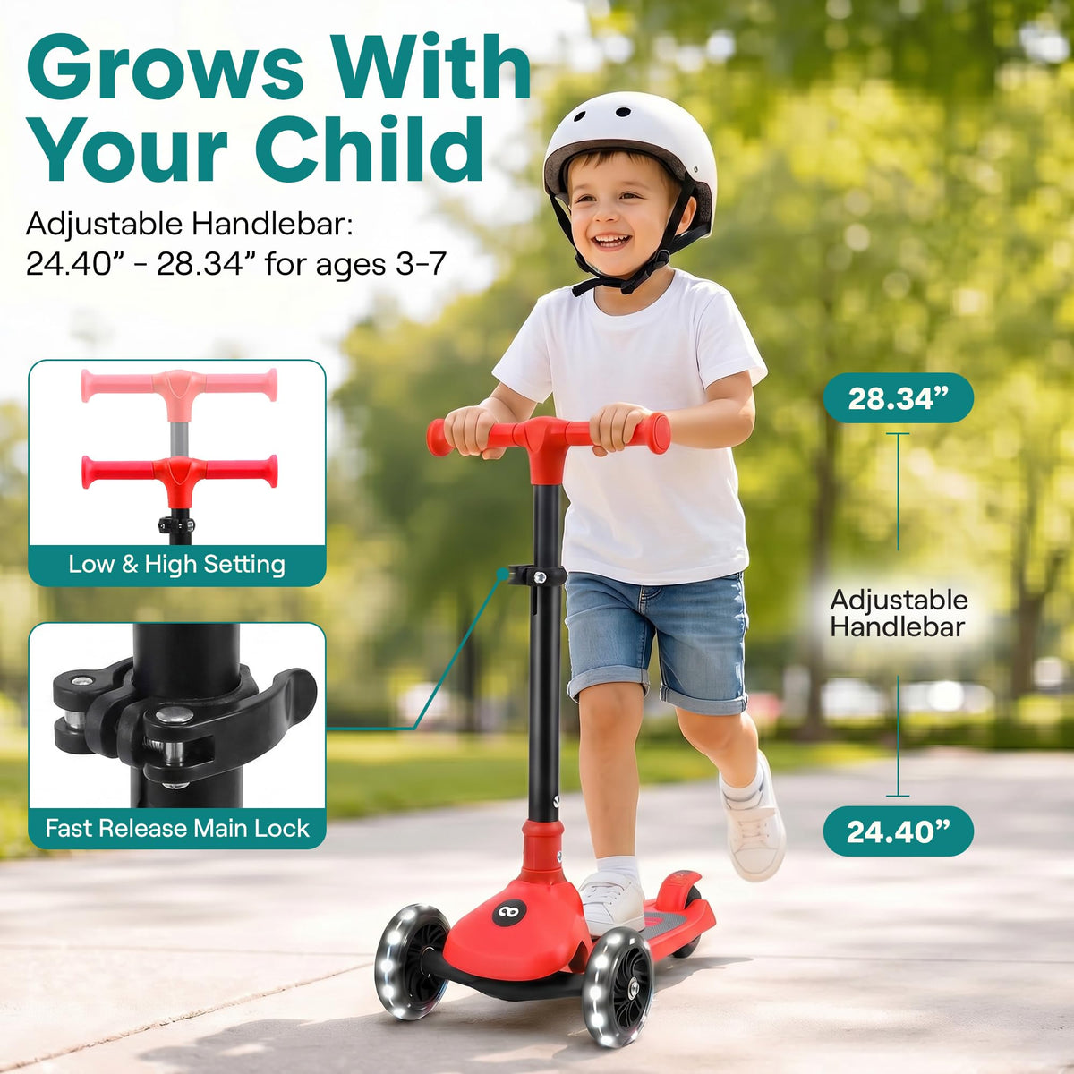 Foldable 3 Wheel Scooter with LED Wheels, Adjustable Handlebar, Red Z782840