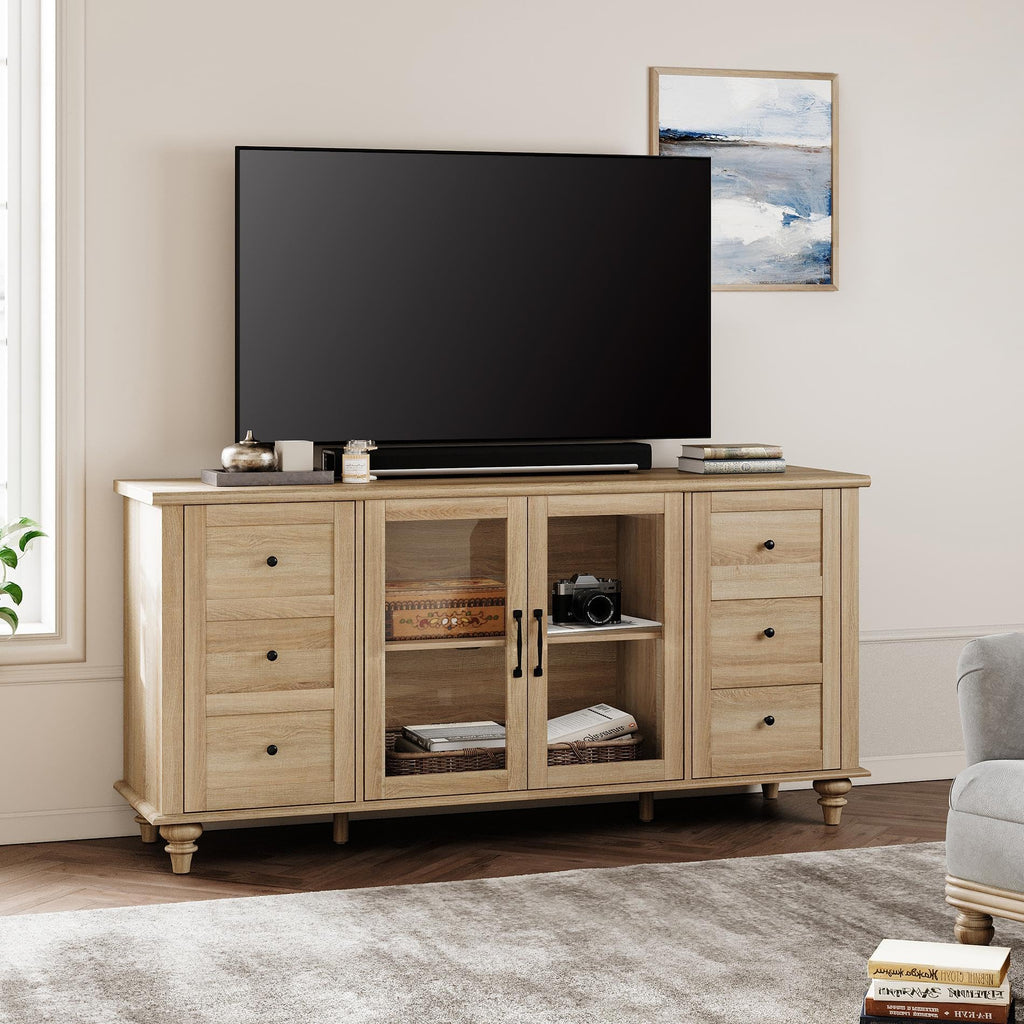 Wood TV Stand for 65 Inch TV with Glass Door S398