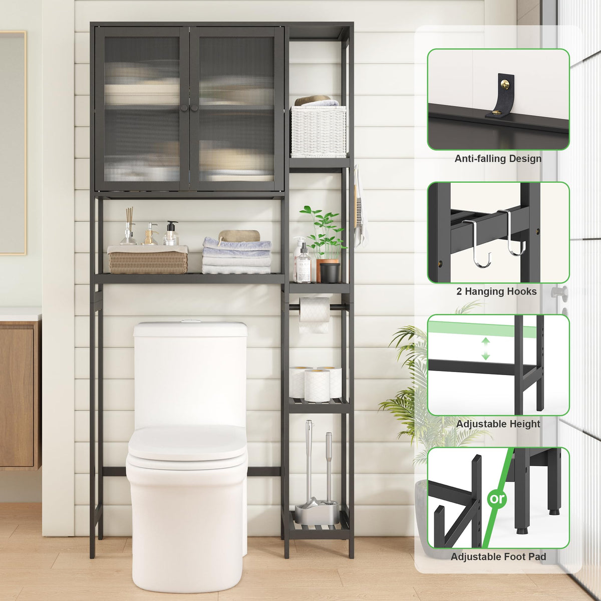 Black Over the Toilet Storage Cabinet with Adjustable Shelves X731562