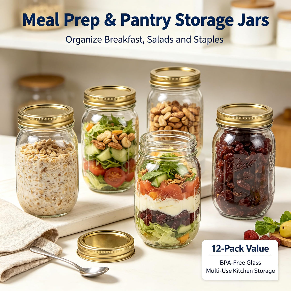 16 oz Regular Mouth Clear Glass Mason Jars 12-Pack with Airtight Lids and Bands O564