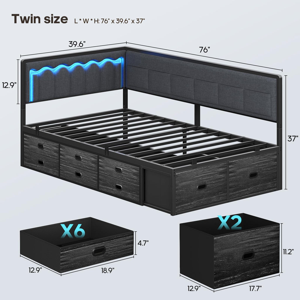 Twin Corner Bed Frame with 8 Storage Drawers and LED Lights, Grey U210