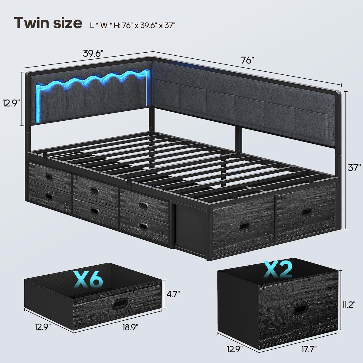Twin Corner Bed Frame with 8 Storage Drawers and LED Lights, Grey U210
