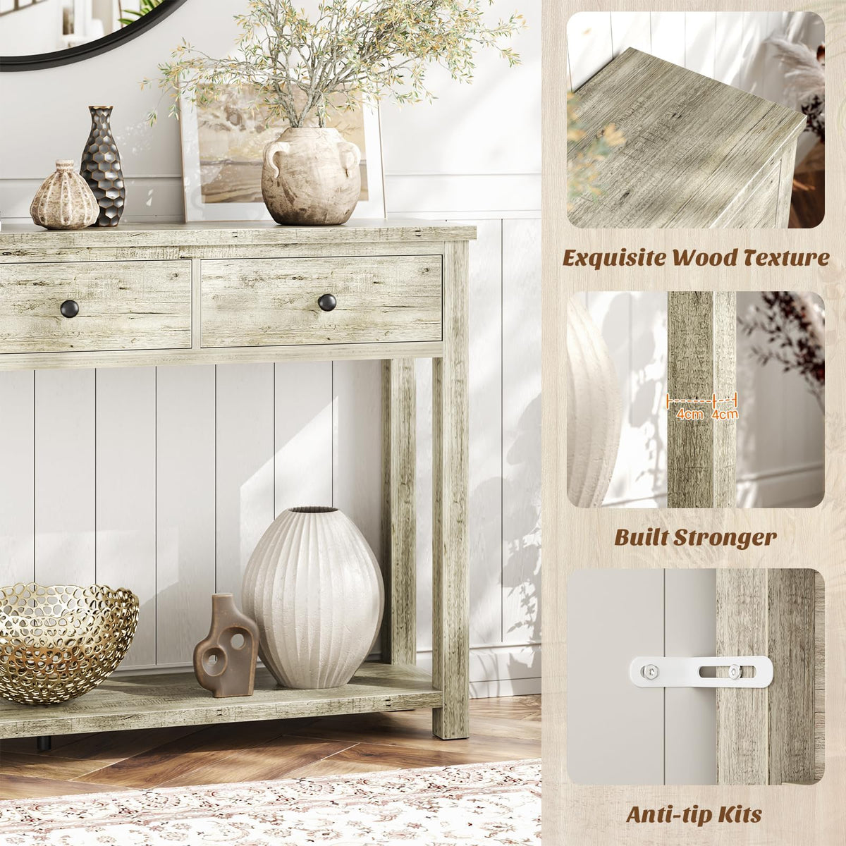32 Inch Light Rustic Oak Console Table with 2 Drawers W4025