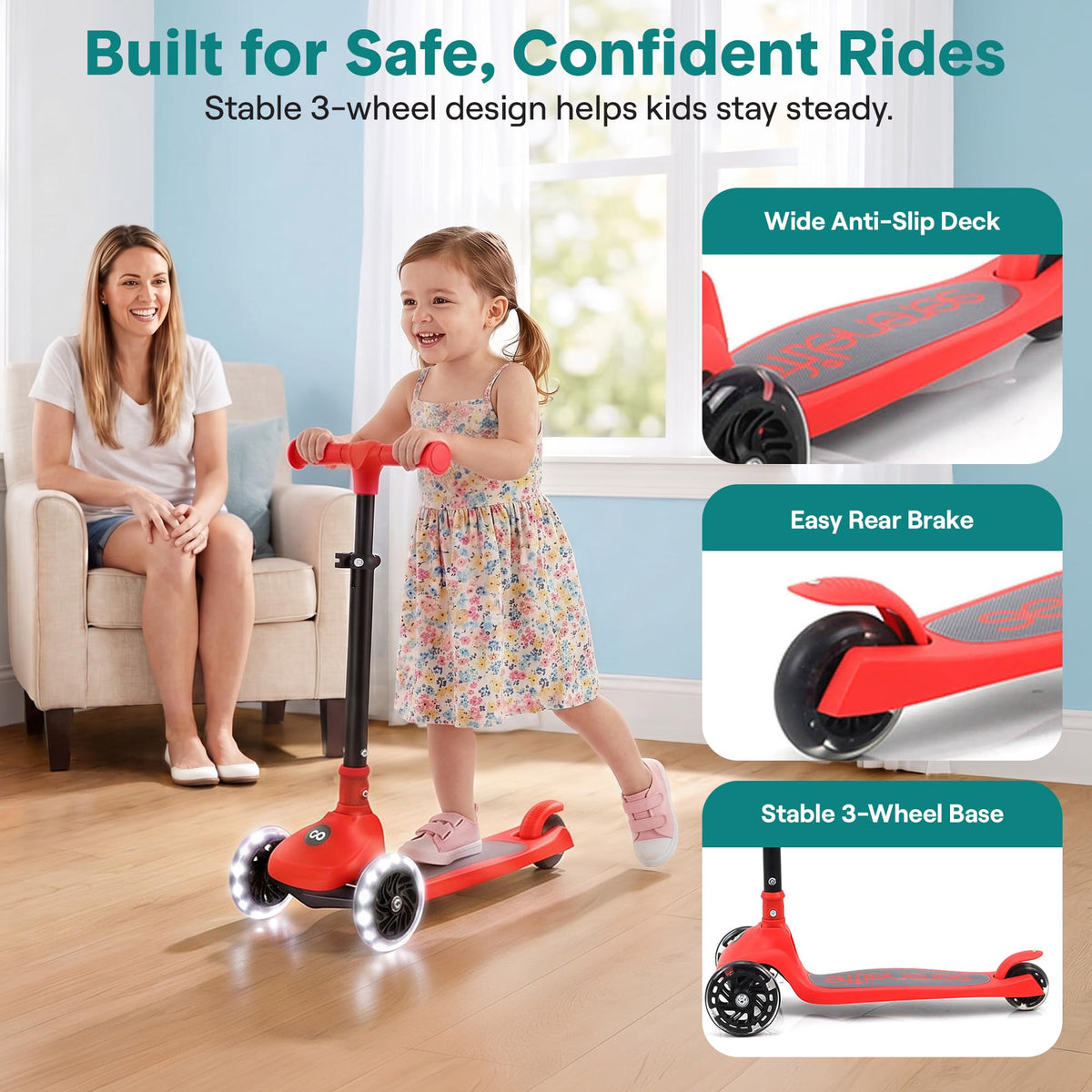 Foldable 3 Wheel Scooter with LED Wheels, Adjustable Handlebar, Red Z782840