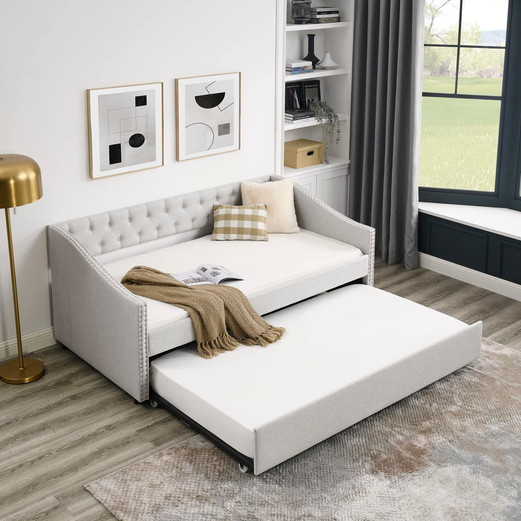 Upholstered Button Tufted Twin Size Daybed with Trundle Q843