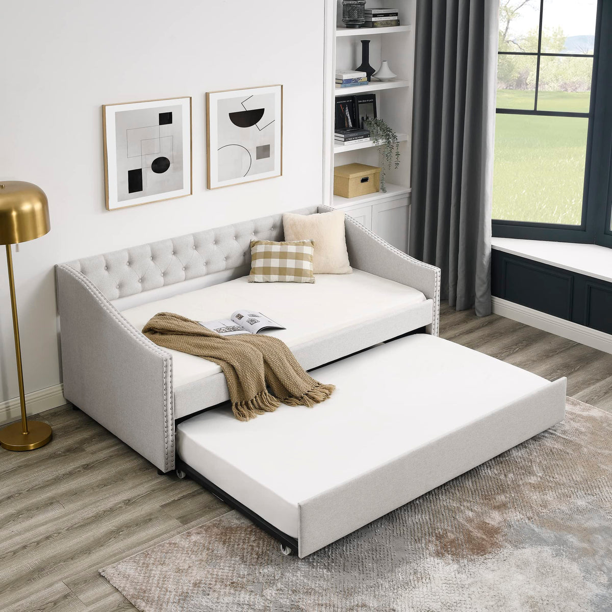 Upholstered Button Tufted Twin Size Daybed with Trundle Q843