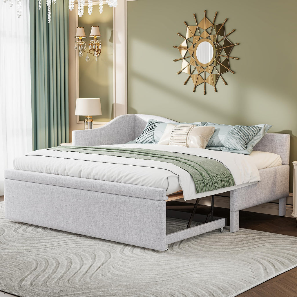 Twin Size Upholstered Linen Daybed with Pop up Trundle U70671