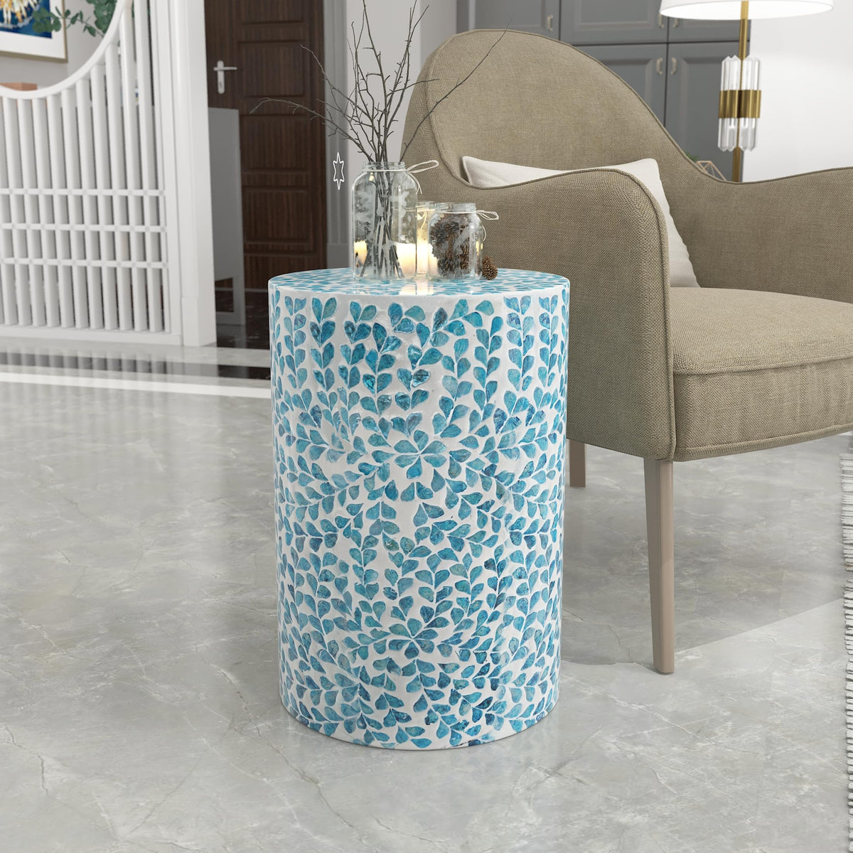 Mother of Pearl Inlaid Cylinder Drum End Table N869