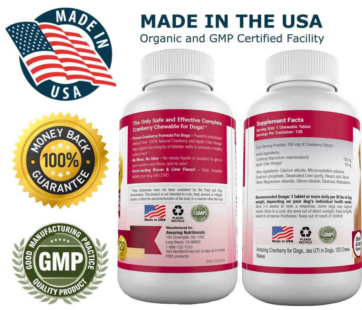 120 Cranberry Chews with Apple Cider Vinegar Bacon Flavor Dog Supplement T525
