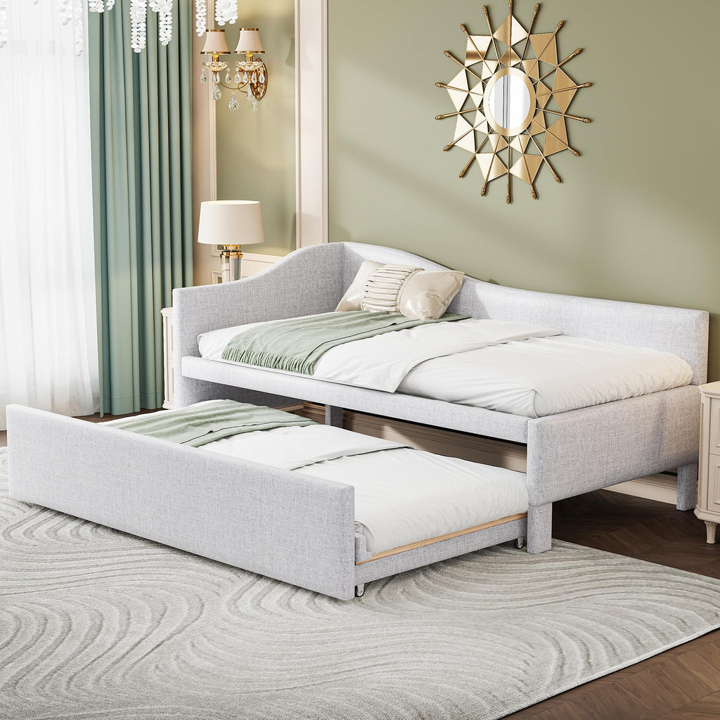 Twin Size Upholstered Linen Daybed with Pop up Trundle U70671