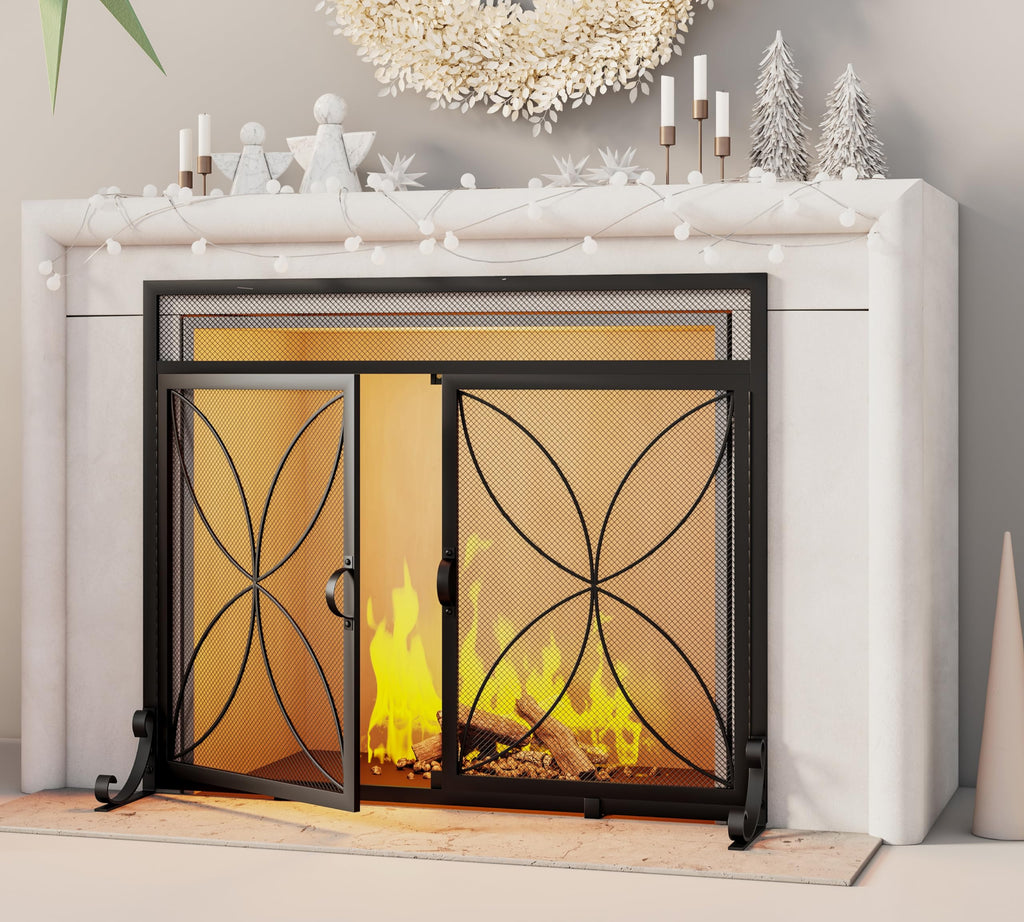 Black Metal Fireplace Screen Magnetic Doors P866191