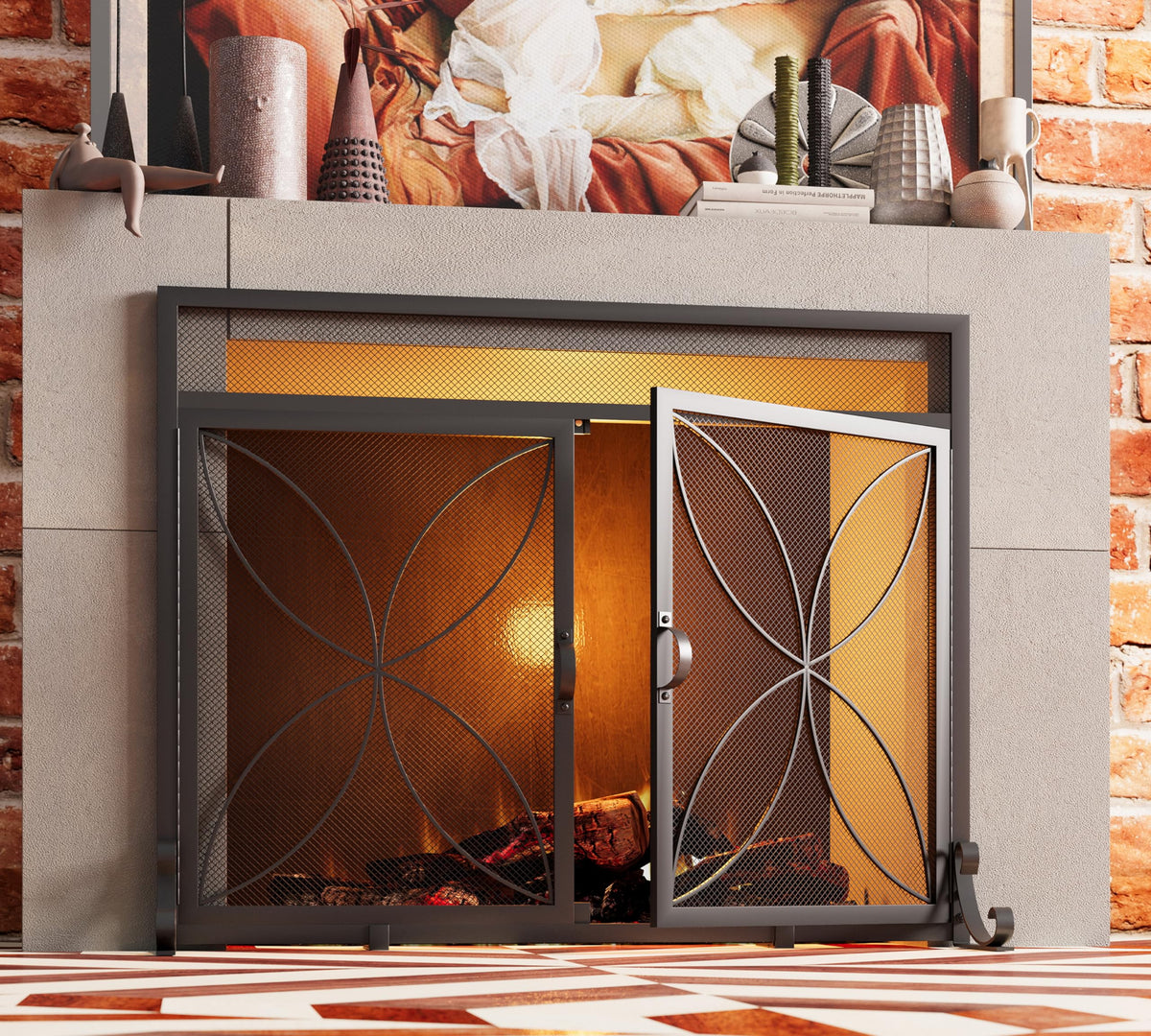 Black Metal Fireplace Screen Magnetic Doors P866191