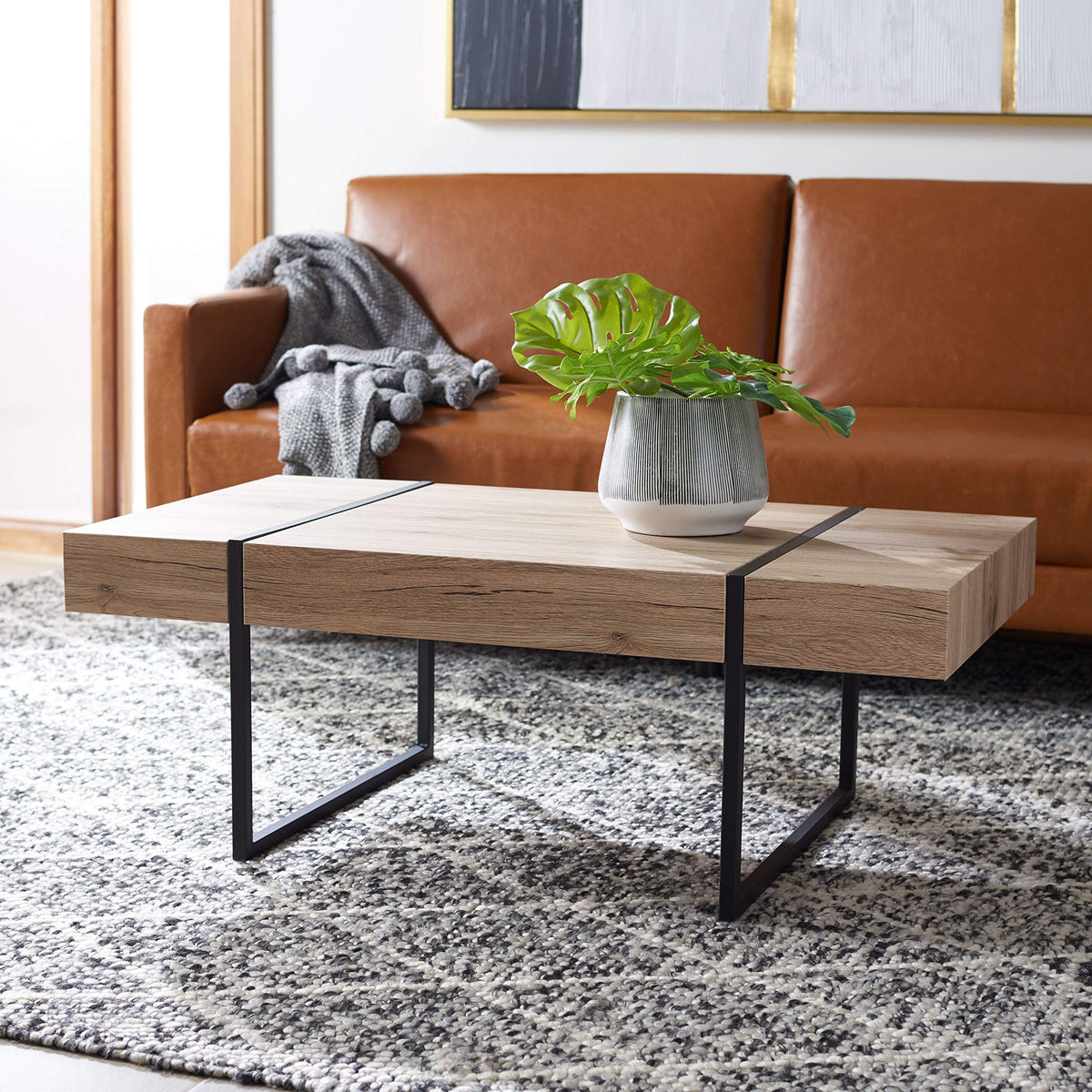 Rectangular Wood Top Black Metal Base Coffee Table P82001