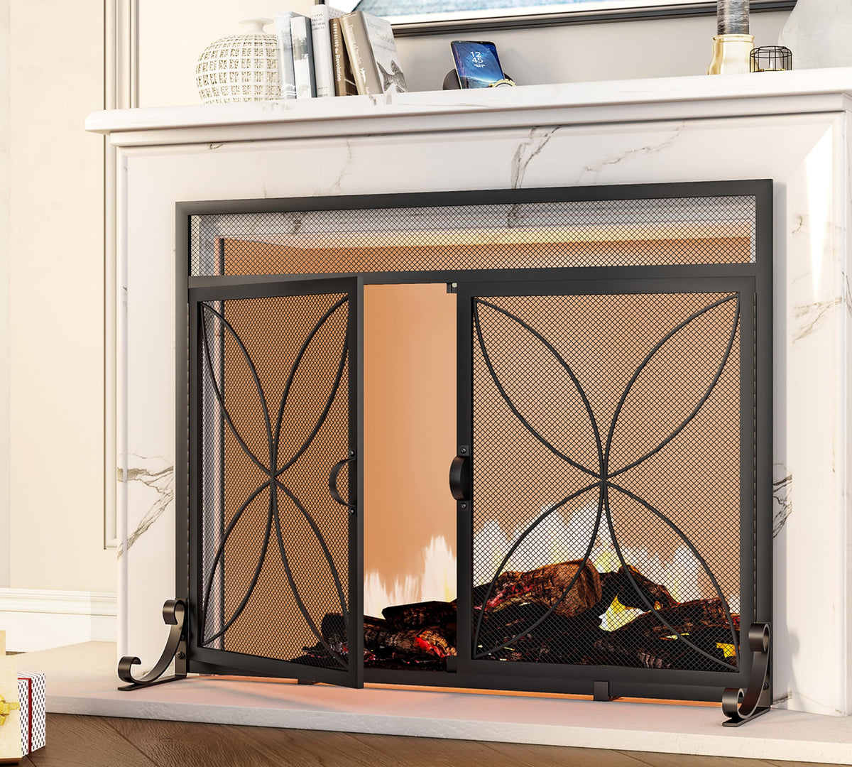 Black Metal Fireplace Screen Magnetic Doors P866191
